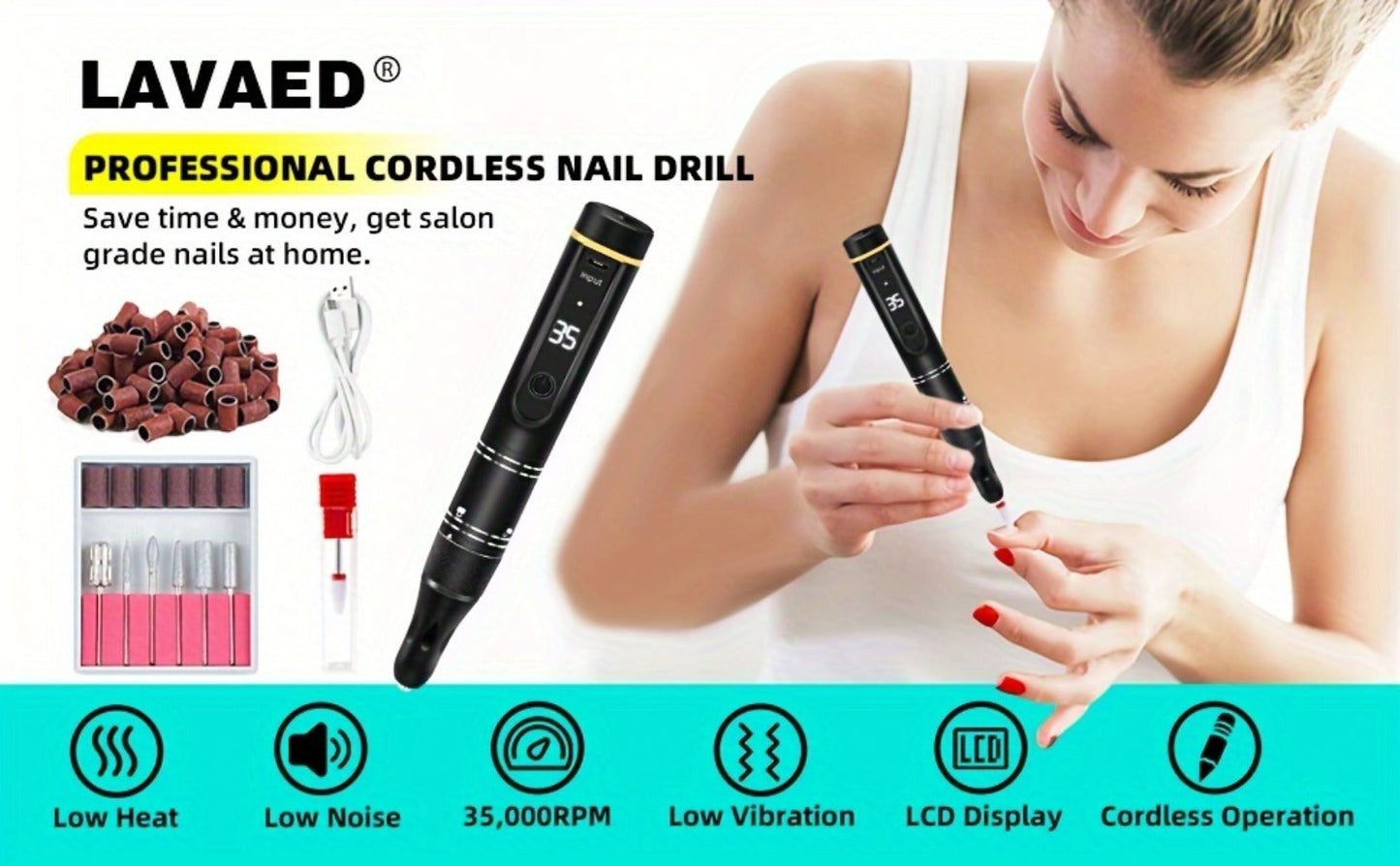 Electric Nail Drill 35000 RPM Rechargeable Pen with Digital Display, Forward Reverse and Three Colors