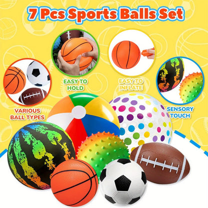 Kids Playground Ball Set 7-Pack with Air Pump, 10.6 Inch Outdoor Ball Plus 6-Inch Basketball Football Rugby