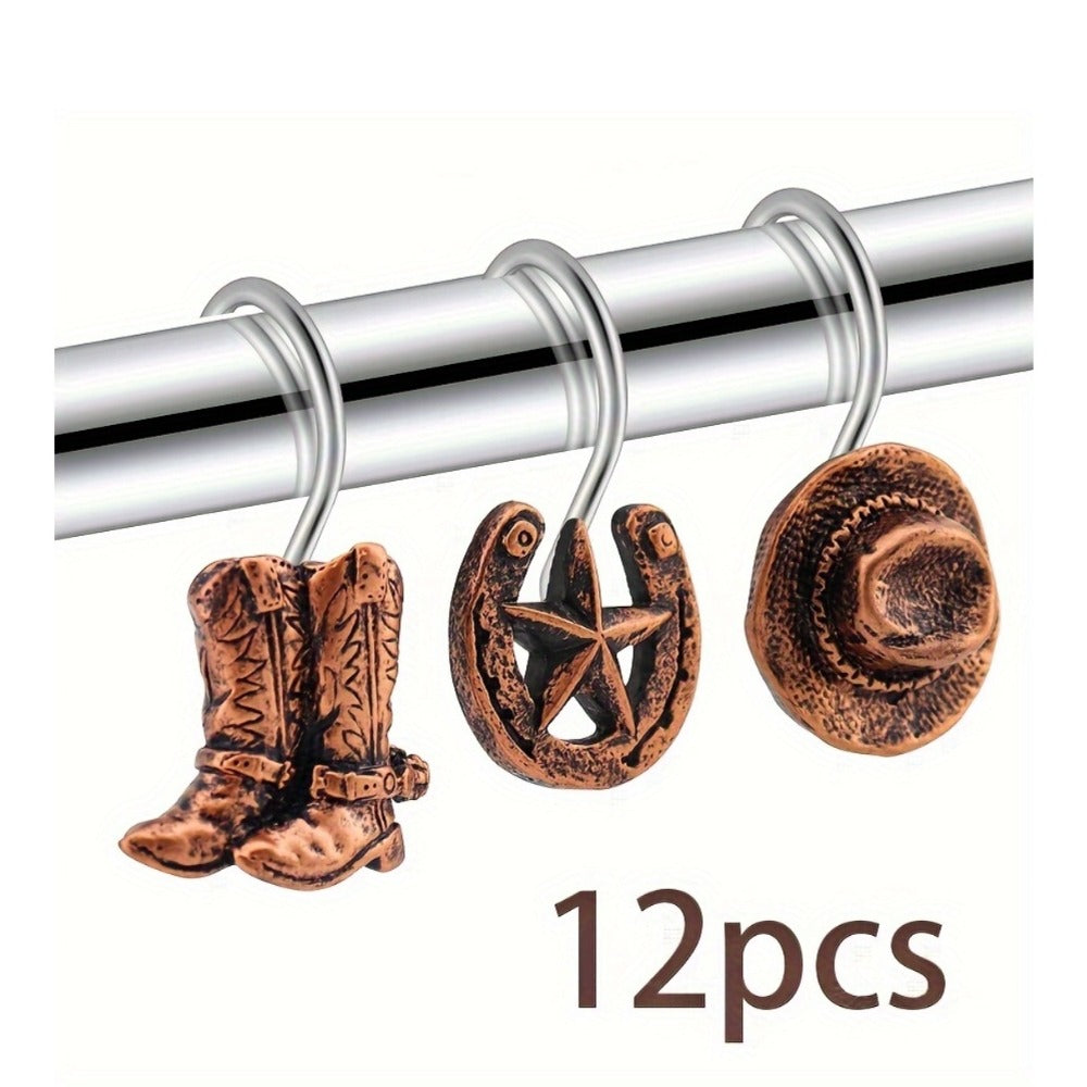 12-Piece Western Shower Curtain Hook Set with Boot, Star and Hat Motifs in Two Finish Options