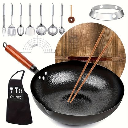 Cast Iron Wok Set 14 Piece 12.6 Inch Flat Bottom Stir Fry Pan with Lid Spatula Accessories for Home Cooking, Dining and Outdoor Meals