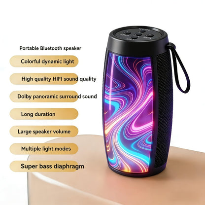 Portable Bluetooth Speaker with Bluetooth 5.3, wraparound audio layout, TWS, RGB Light Show and Carry Strap
