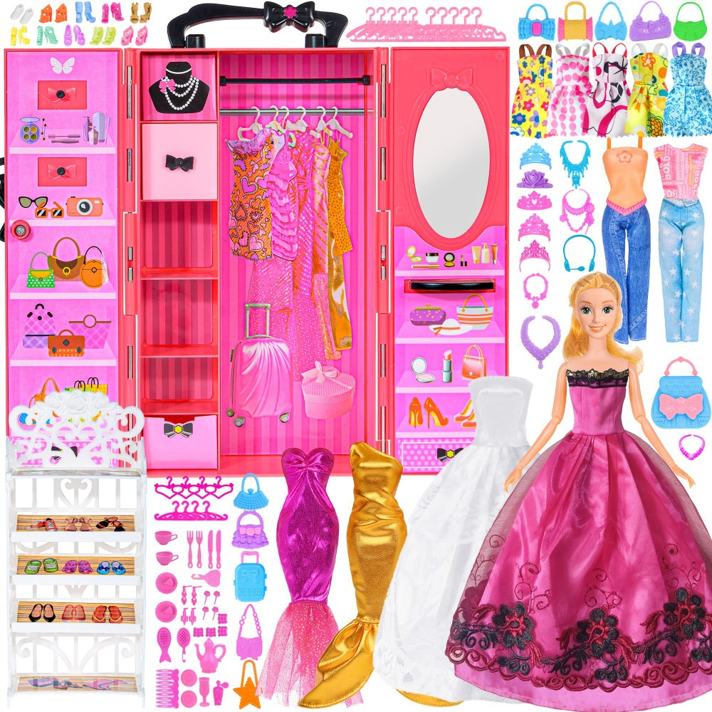139-Piece Rose Doll Wardrobe and Accessory Case for 11.5-Inch Dolls with Dresses, Shoes and Stickers
