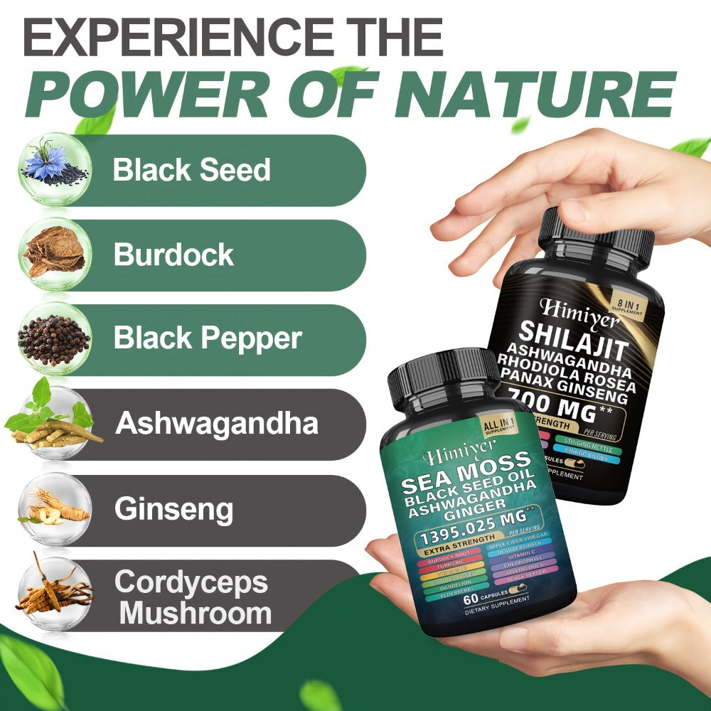 Sea Moss and Shilajit Capsule Supplements in 60-Count Bottles with One- to Six-Bottle Options