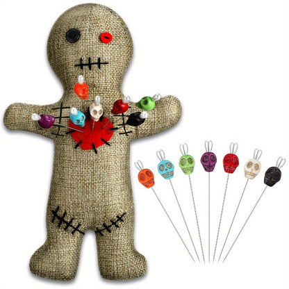 Voodoo Doll Set with 7 Skull Pins, 8-Piece Horror Ghost Doll Kit, Revenge Stress Creepy Doll Pin Holder for Adults (Flaxen)
