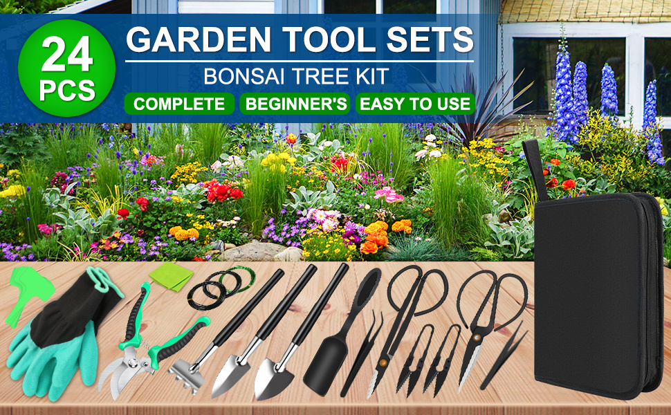 Bonsai Tool Set 24-Piece Kit for Beginners & Enthusiasts, Includes Pruning Shears, Scissors, Trimming Tools & PU Leather Bag