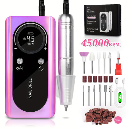 Low Noise Nail Drill Machine 45000RPM Rechargeable with LCD Display – Quiet Electric E-File for Gel Polish Acrylic Natural Nails