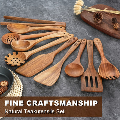 Kitchen Utensils 10-Piece Teak Wood Spoon and Spatula Set with Thickened, Basic and Shovel Configurations