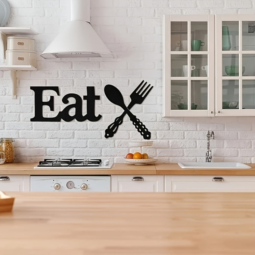 Black Wood EAT Kitchen Wall Decor, Three-Piece Set with Fork, Spoon and 13.8-Inch Letter Sign