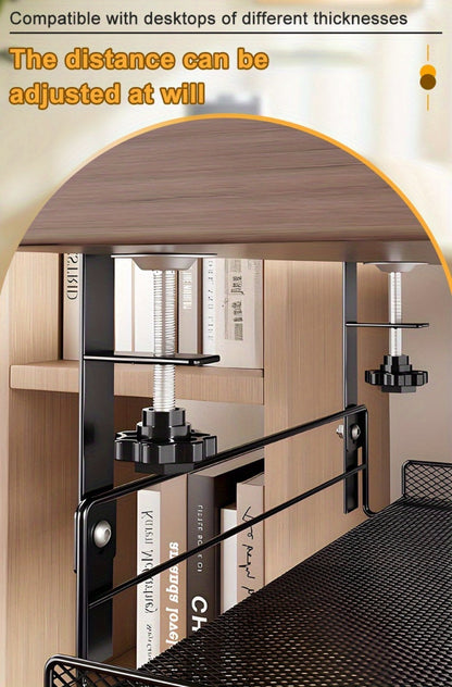 Clamp-On Cable Management Tray No Drill, Under Desk Wire Organizer Alloy Steel Mesh Holds, Fits 0.4"-2.4" Desks