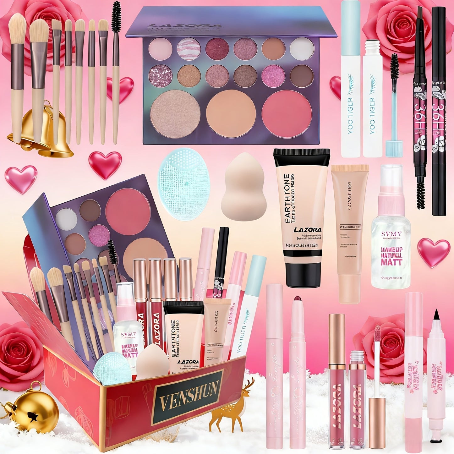 Full Face Makeup Gift Set for Women, Foundation, 18-Color Eyeshadow Palette, Coral Lipstick & Eyebrow Pencil