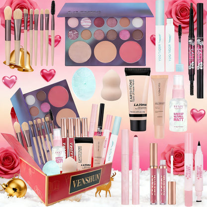Full Face Makeup Gift Set for Women, Foundation, 18-Color Eyeshadow Palette, Coral Lipstick & Eyebrow Pencil