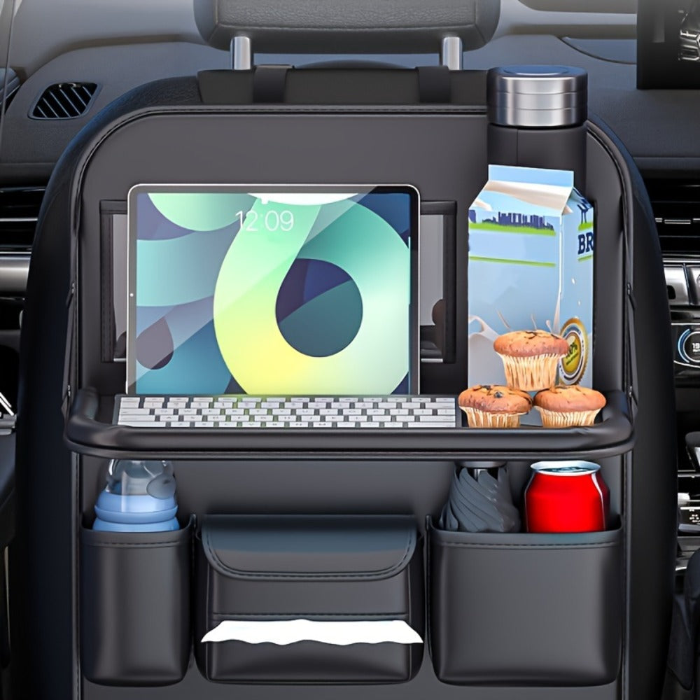 Seatback Car Organizer with Fold-Down Tray, Cup Recesses, Tissue Opening and One- or Two-Piece Packs