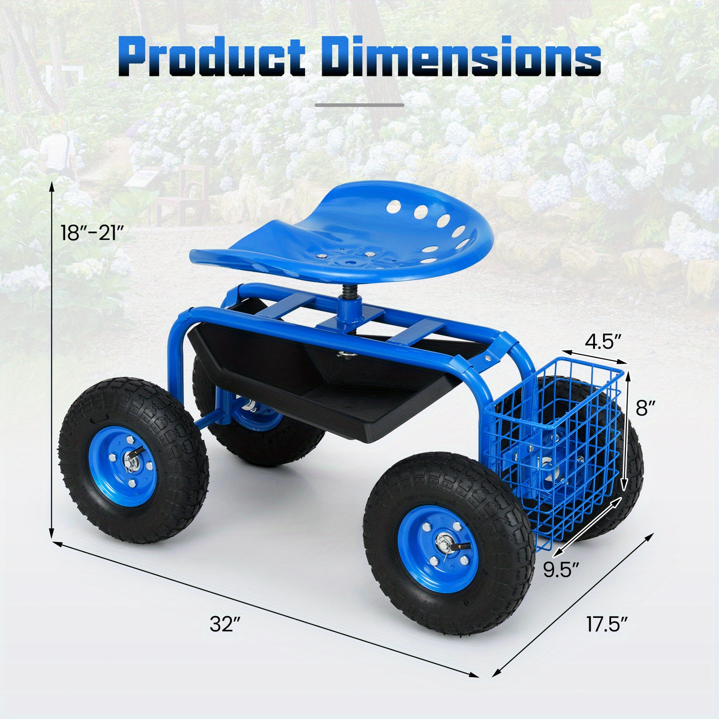 Rolling Garden Cart with Adjustable Swivel Seat, 10" Pneumatic Tires, Storage Basket & Tool Tray