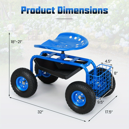 Rolling Garden Cart with Adjustable Swivel Seat, 10" Pneumatic Tires, Storage Basket & Tool Tray