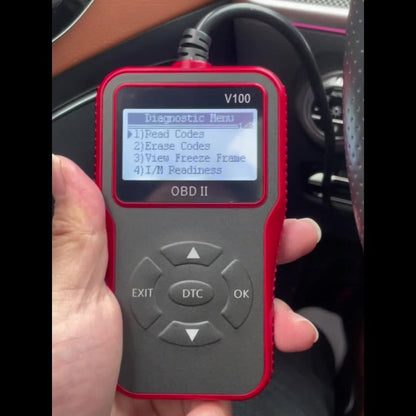 V100 OBD2 Scanner with Four-Line Menu, 12.4 x 7cm Body, Tethered 16-Pin Plug and Four Color Options