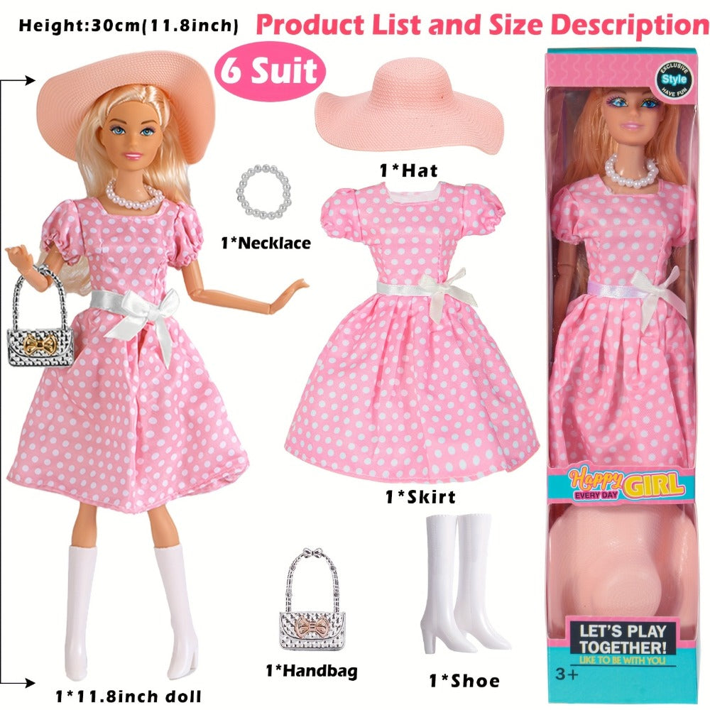 Six-Piece 11.5-Inch Fashion Doll Set with Mixed Outfits, Handbags, Hats, Necklaces and Suitcase Accessories