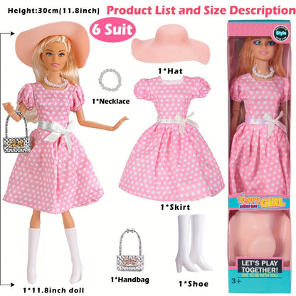 Six-Piece 11.5-Inch Fashion Doll Set with Mixed Outfits, Handbags, Hats, Necklaces and Suitcase Accessories
