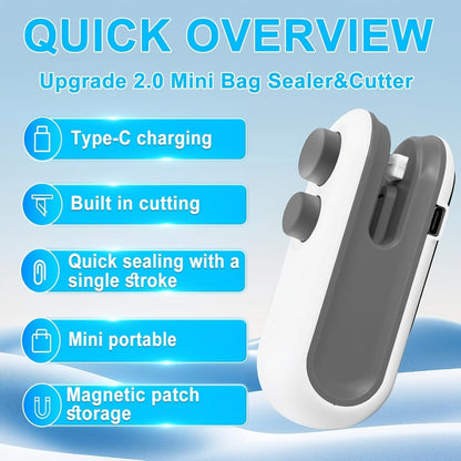 Mini Bag Sealer Two-Pack in White with USB-C Charging, Heat-Seal Button, Cutter and Magnetic Back