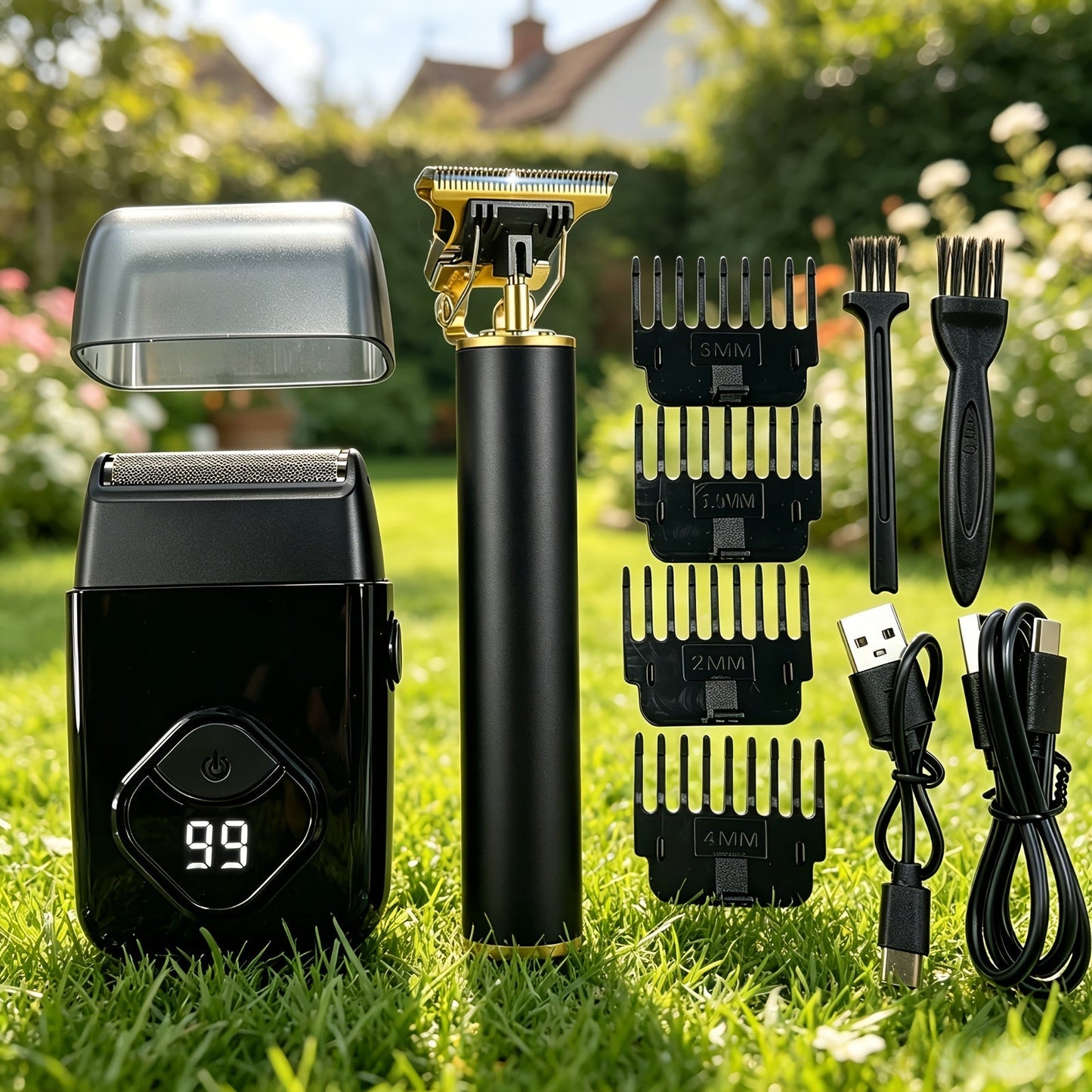 Electric Grooming Kit Foil Shaver Beard Trimmer & Nose Ear Hair Trimmer Set with LCD Power for Everyday Face, Beard and Body Grooming