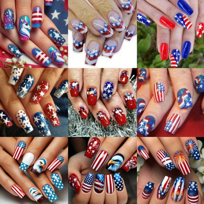 Press On Nails 216-Piece Medium Coffin Nine-Pack Red White Blue Stars and Stripes Patriotic Set