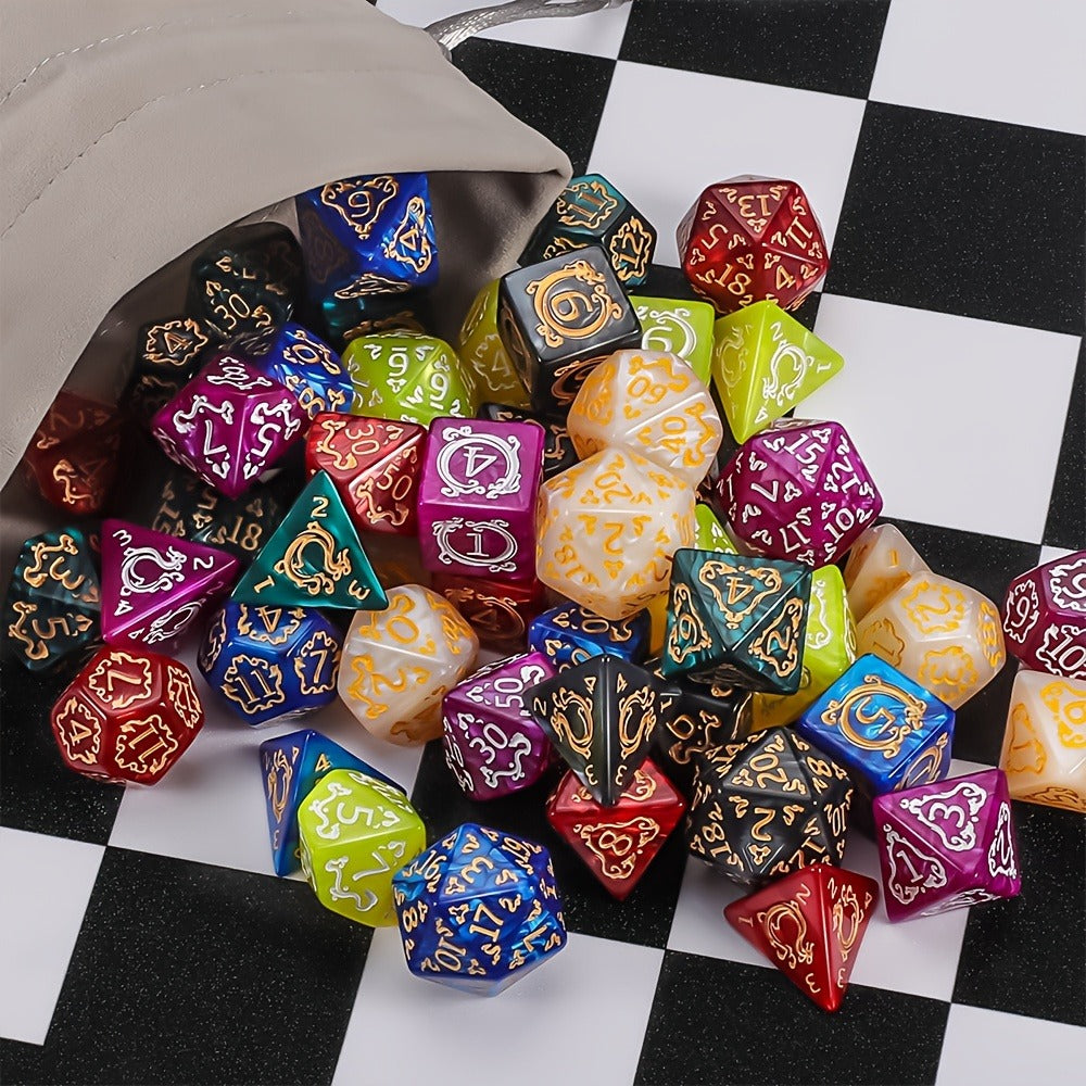DnD Dice Set 49pcs Dragon Pattern Polyhedral Dice 7 Sets with Pouches with the Listed Color, Size or Set Options for Everyday Use
