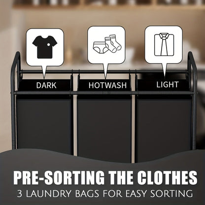 3-Bag Laundry Sorter Cart 63.4 Gallon, Rolling Hamper with Lockable Wheels & Removable Bags