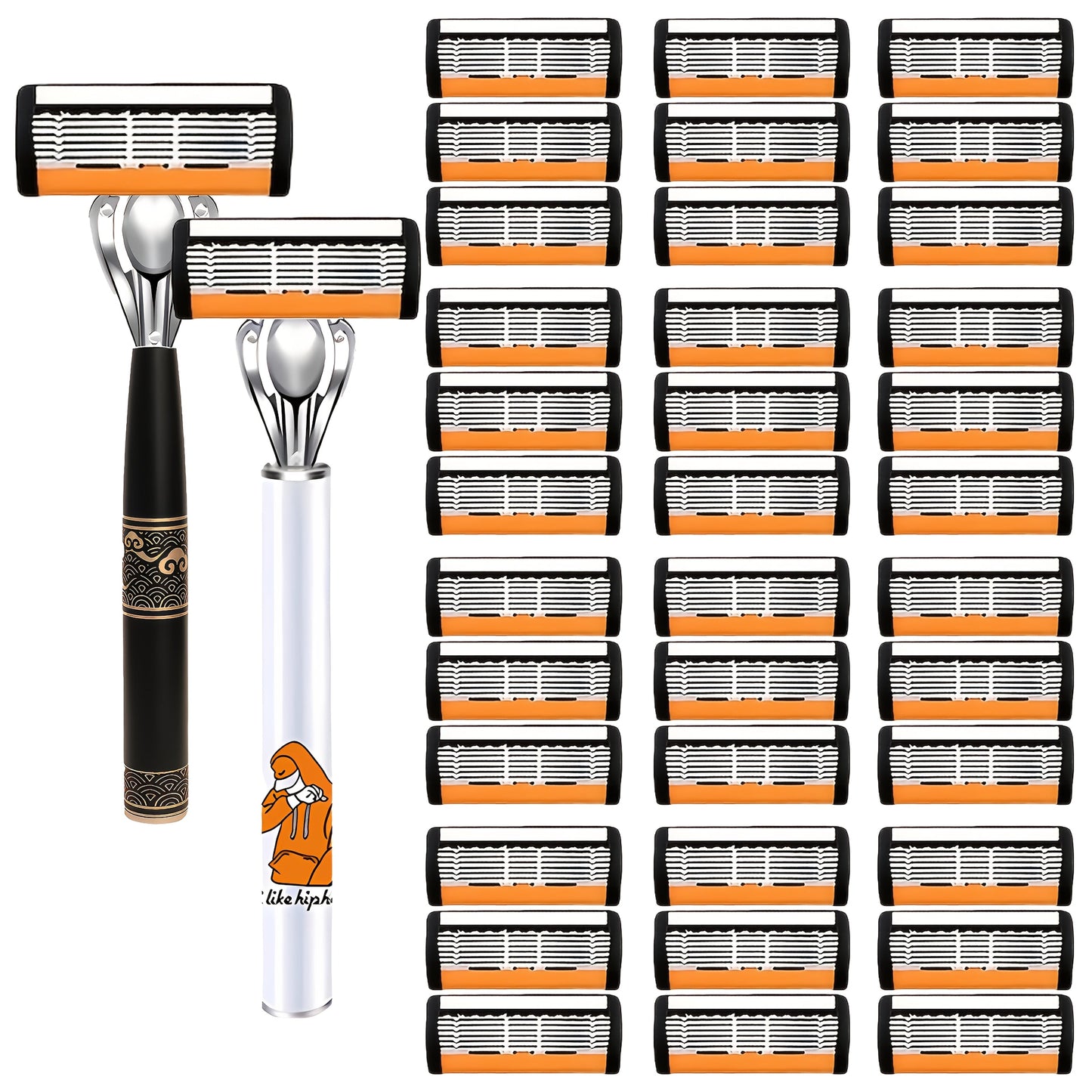 6-Layer Blade Men's Razor Set with Lubricating Strip 2 Handles & 36 or 72 Replacement Blades – Smooth Close Shave Contour-Fitting Ergonomic