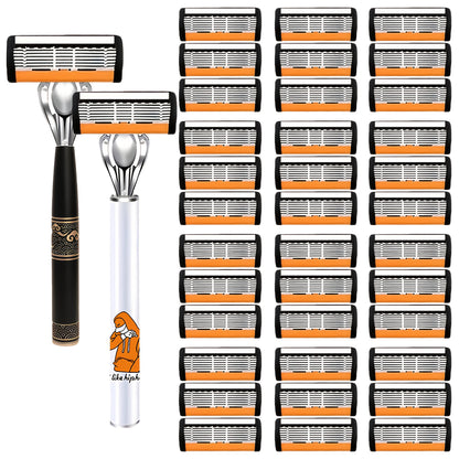 6-Layer Blade Men's Razor Set with Lubricating Strip 2 Handles & 36 or 72 Replacement Blades – Smooth Close Shave Contour-Fitting Ergonomic