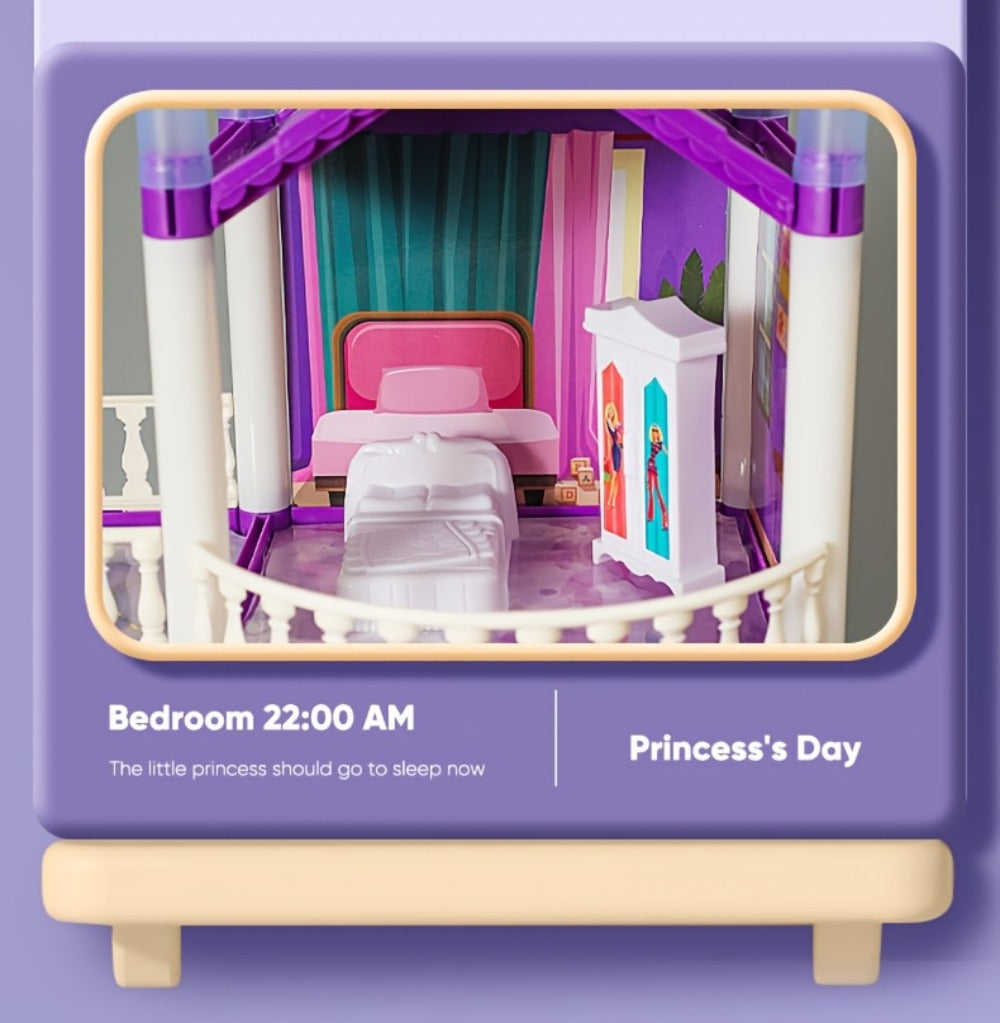 LED Dollhouse Playset for Girls, Purple Multi-Room Playhouse with Doll Figures, Puppies, Furniture & LED Lighting