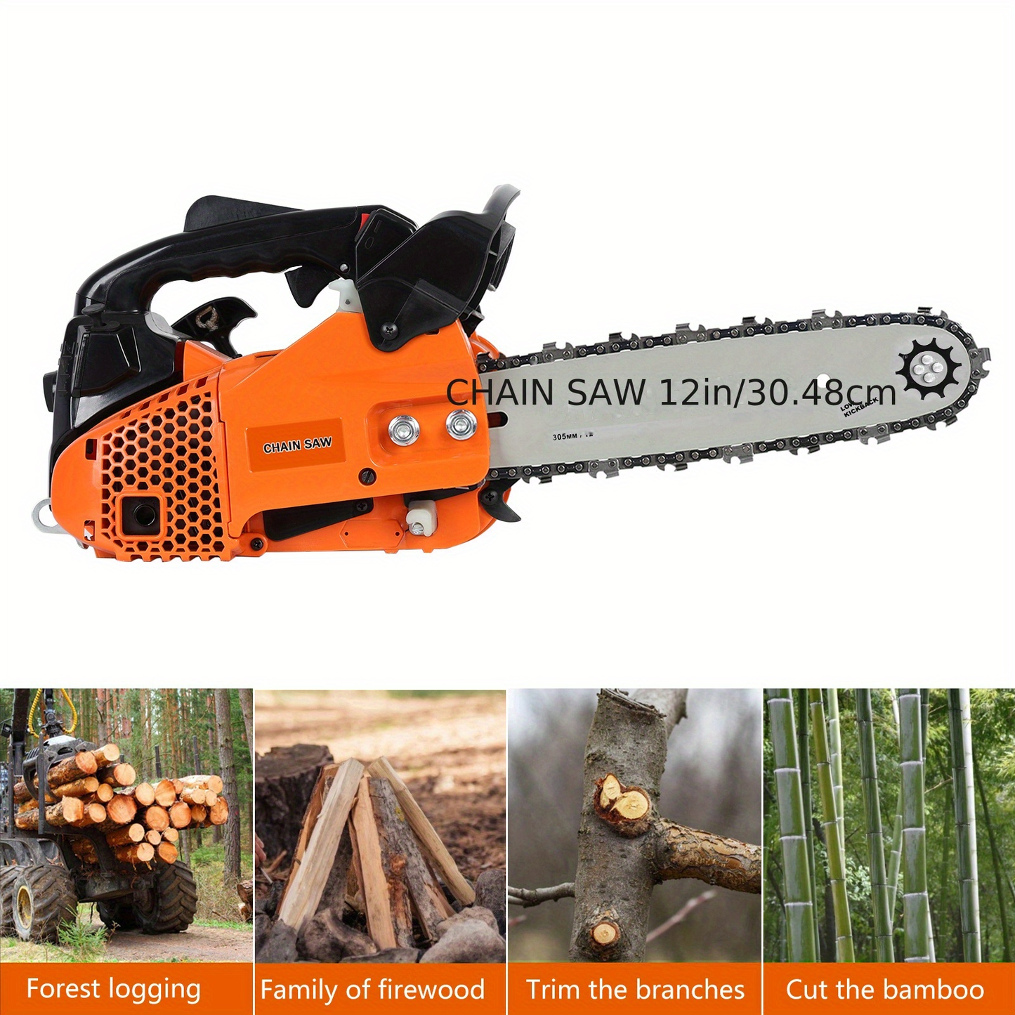 Compact 25.4CC Gas Chainsaw with 12-Inch Guide Bar and Orange Two-Stroke Engine Housing Design