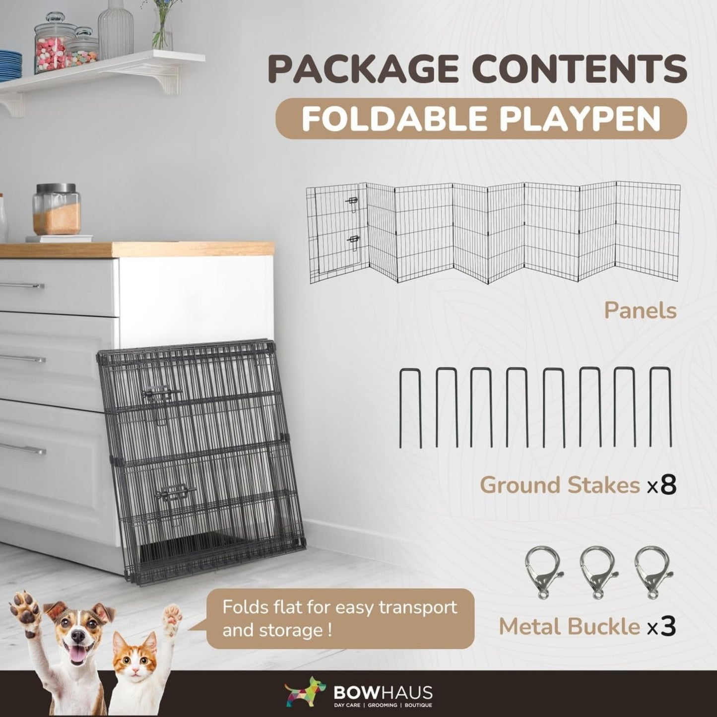 Dog Playpen 8 Panel Foldable Metal Pet Fence with Gate | Heavy-Duty Indoor Outdoor Exercise Pen for Small Dogs & Animals | Portable Kennel