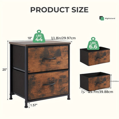 Nightstand with 2 Storage Drawers, 20" Bedside Table with Wooden Top & Fabric Cabinet, Steel Frame Mini Dresser for Bedroom