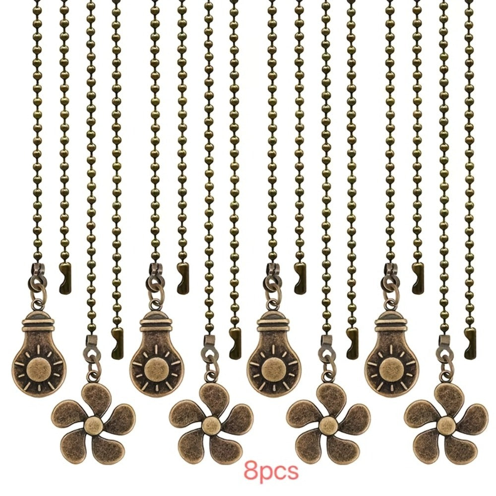 Ceiling Fan Pull Chain Extension Set of 8 – Decorative Bead Chain Pull Cord with Five-Leaf & Bulb Pendants, Iron Chain & Zinc Alloy, Bronze