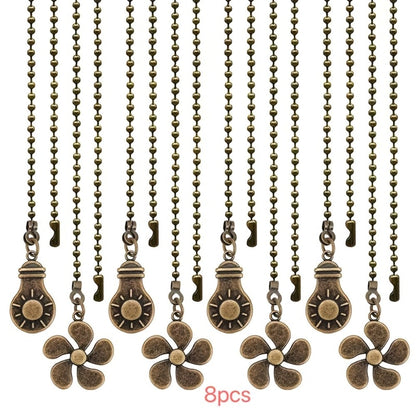 Ceiling Fan Pull Chain Extension Set of 8 – Decorative Bead Chain Pull Cord with Five-Leaf & Bulb Pendants, Iron Chain & Zinc Alloy, Bronze