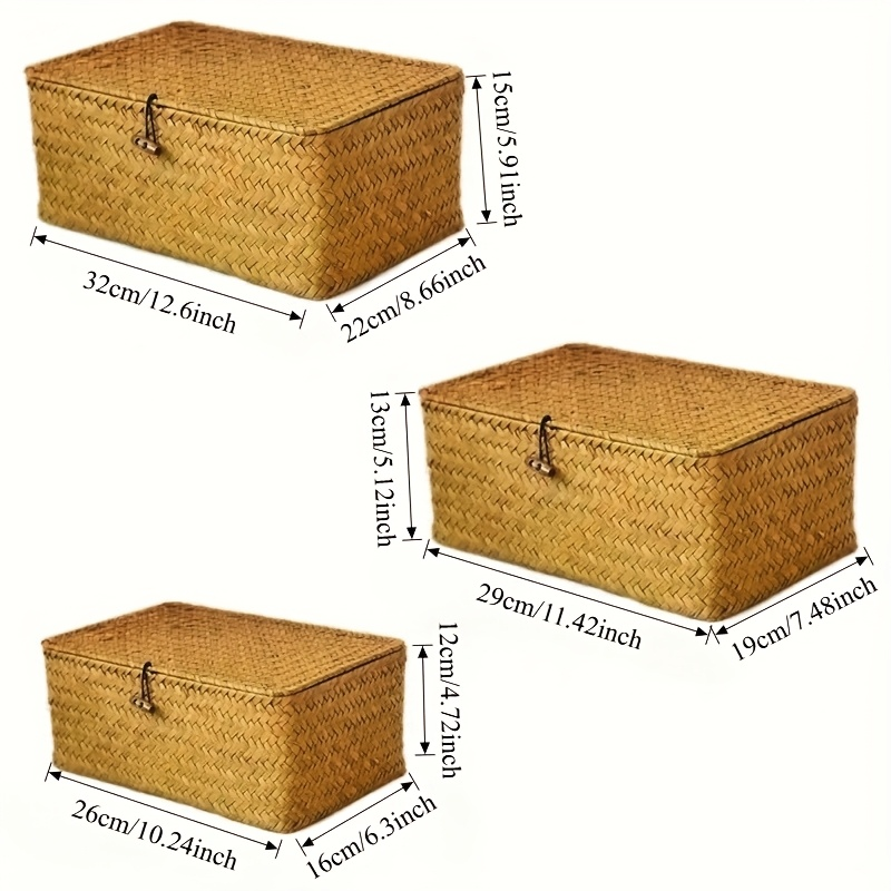 Rattan Storage Baskets Set of 3 with Lattice Lids and Label Holders in Graduated Sizes for Home Organization