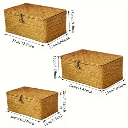 Rattan Storage Baskets Set of 3 with Lattice Lids and Label Holders in Graduated Sizes for Home Organization