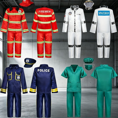 Kids Dress Up Costumes Set 4-in-1, Firefighter, Police, Astronaut & Doctor Role Play Clothes for Boys Girls Ages 3-6