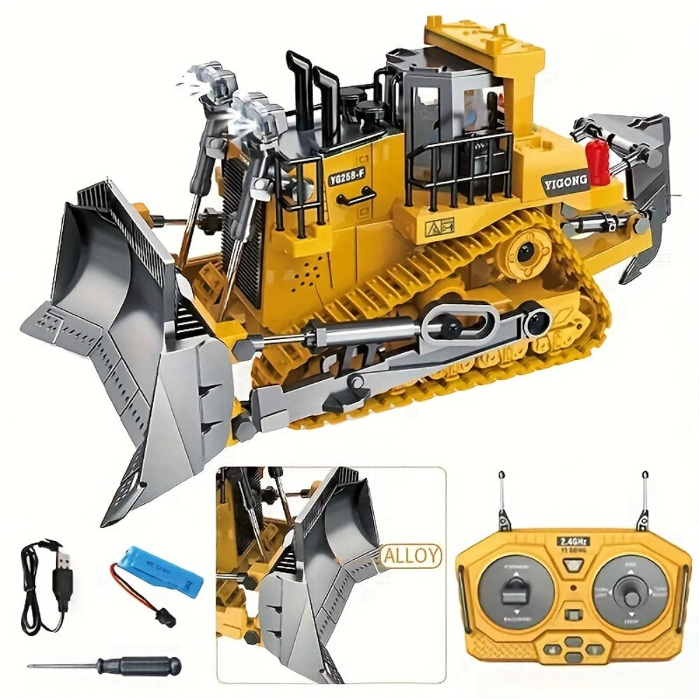 RC Bulldozer 9-Channel 2.4GHz Remote Control, Multifunctional Engineering Vehicle Toy with Alloy Metal Cover