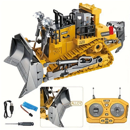 RC Bulldozer 9-Channel 2.4GHz Remote Control, Multifunctional Engineering Vehicle Toy with Alloy Metal Cover