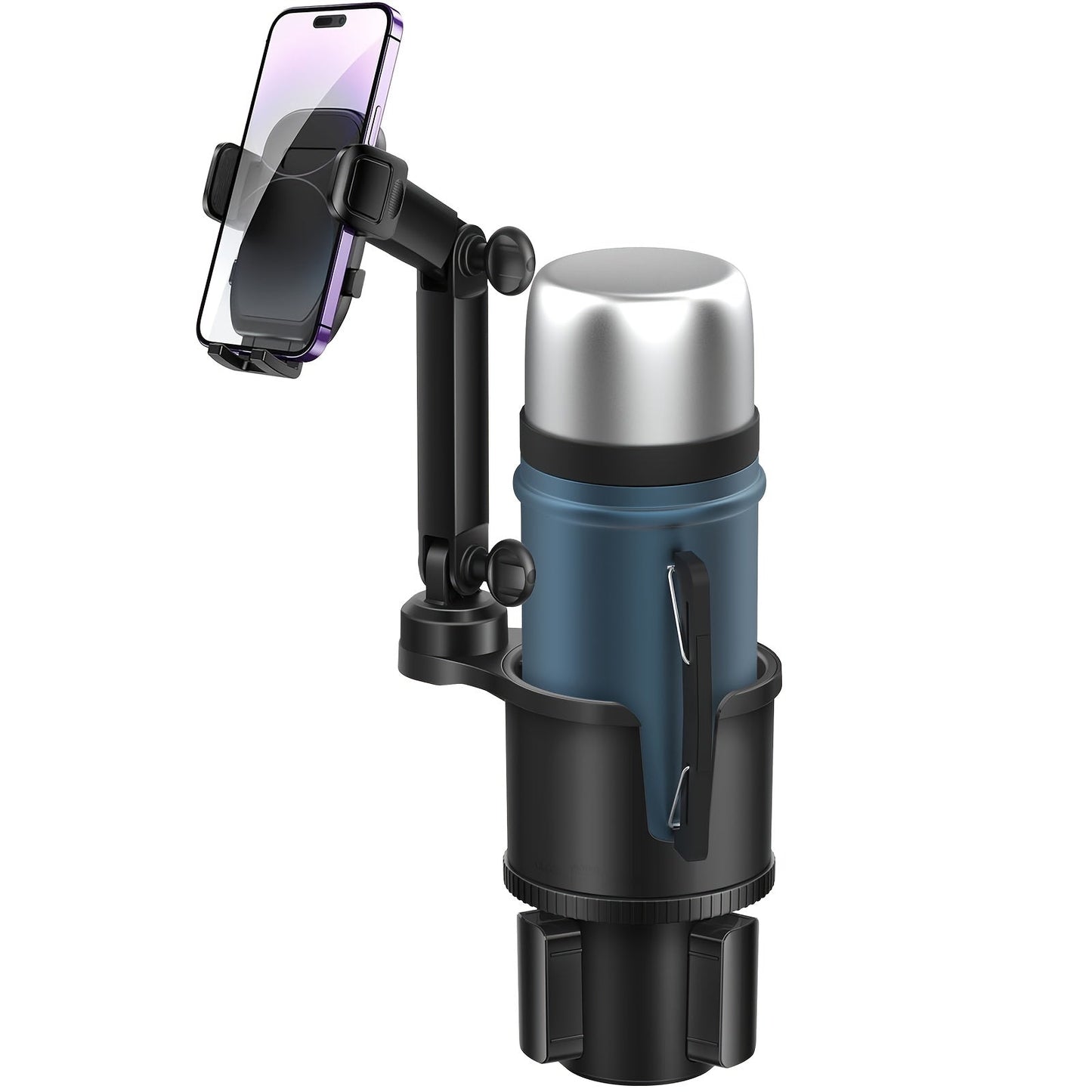 Cup-Holder Car Phone Mount with Bottle Recess, Double-Jointed Long Arm and Rotating Clamp Pictured