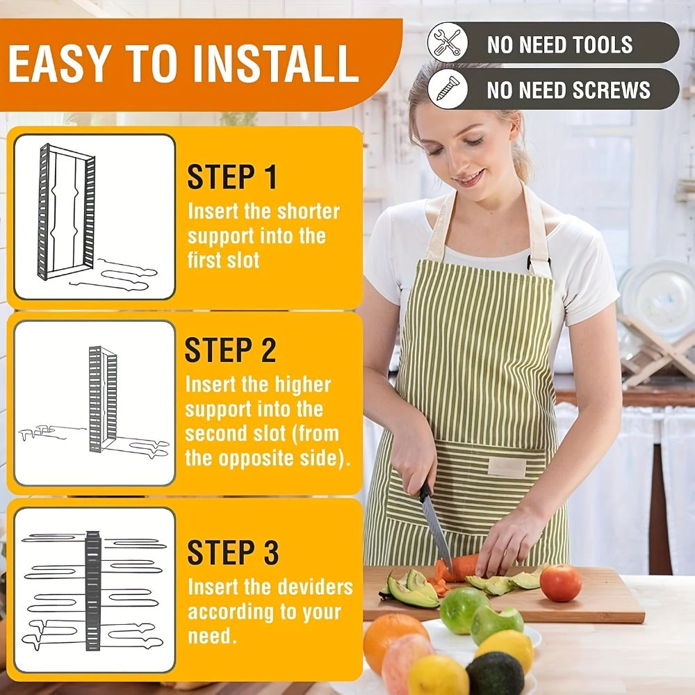 Eight-Tier Pot and Pan Organizer Rack in Black with Side Cookware and Lid Positions, One- or Two-Piece Sets