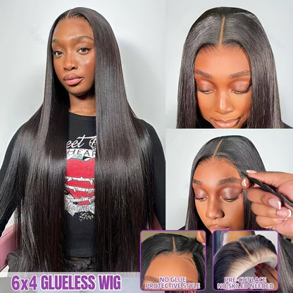 Wig Bone-Straight Glueless Human Hair in Natural Black, 10-34 Inch Options with Pre-Cut 6x4.5 Lace