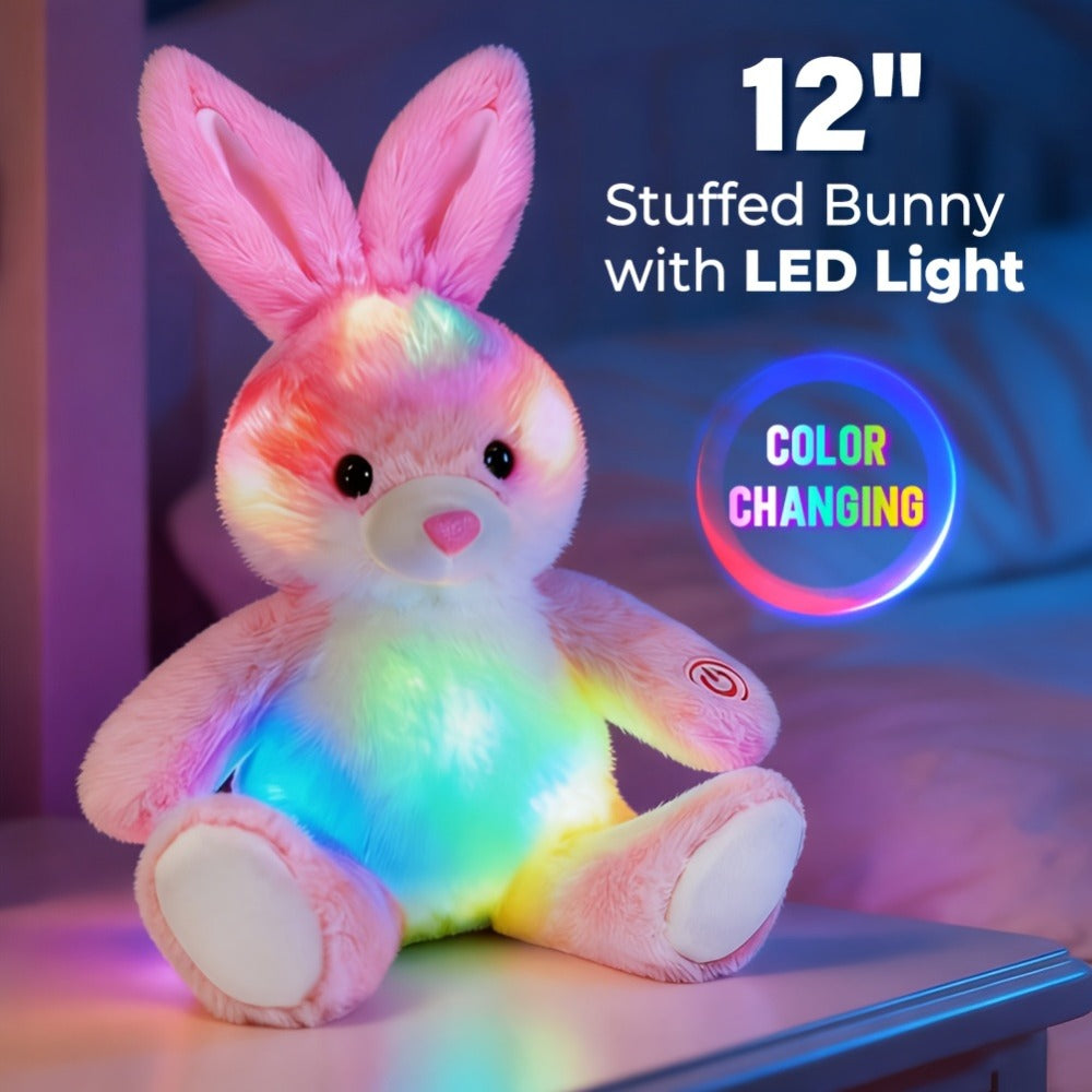 Plush Toy Light-Up Bunny in 8-Inch or 12-Inch Sizes with Pink Ears and Colorful LED Glow for Character Display, Room Decor and Gift
