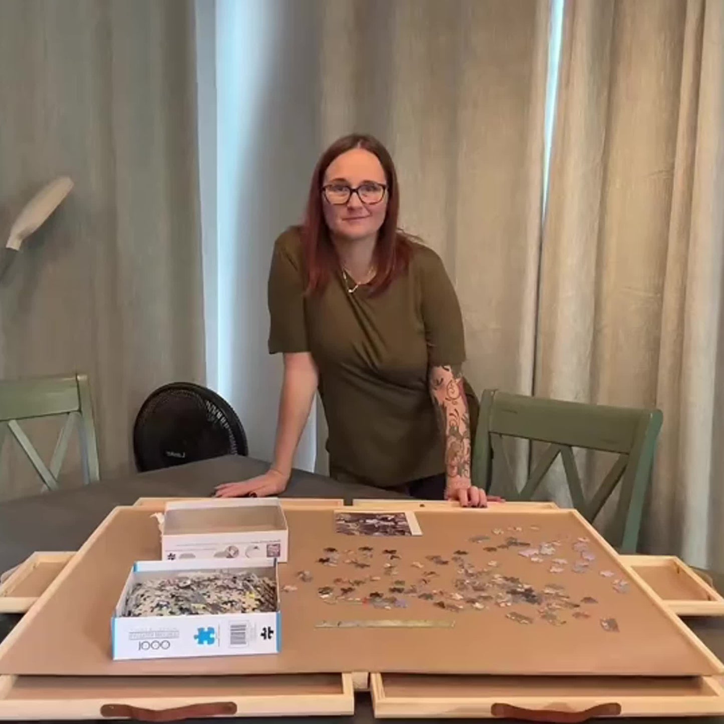 Jigsaw Puzzle Table 35"x27" with 360° Rotating Turntable & Easy-Pull Handle Drawers – Large Puzzle Board Organizer with Dust Cover for 1500
