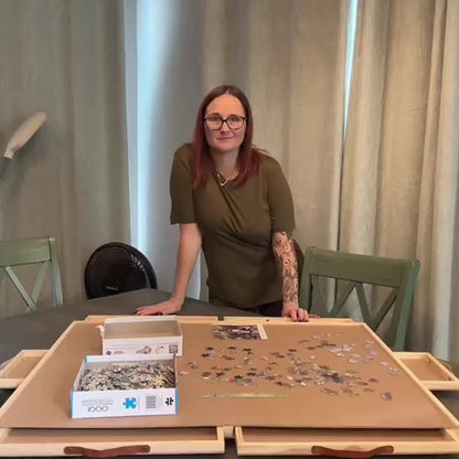 Jigsaw Puzzle Table 35"x27" with 360° Rotating Turntable & Easy-Pull Handle Drawers – Large Puzzle Board Organizer with Dust Cover for 1500