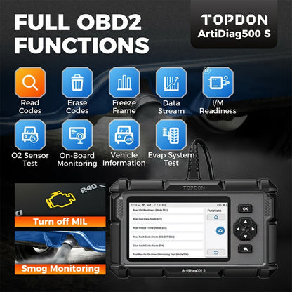 OBD2 Scanner with ABS SRS Engine Transmission Diagnostics 5 Reset Services Oil BMS DPF Throttle – TOPDON AD500S WiFi 5-Inch Touchscreen 90+