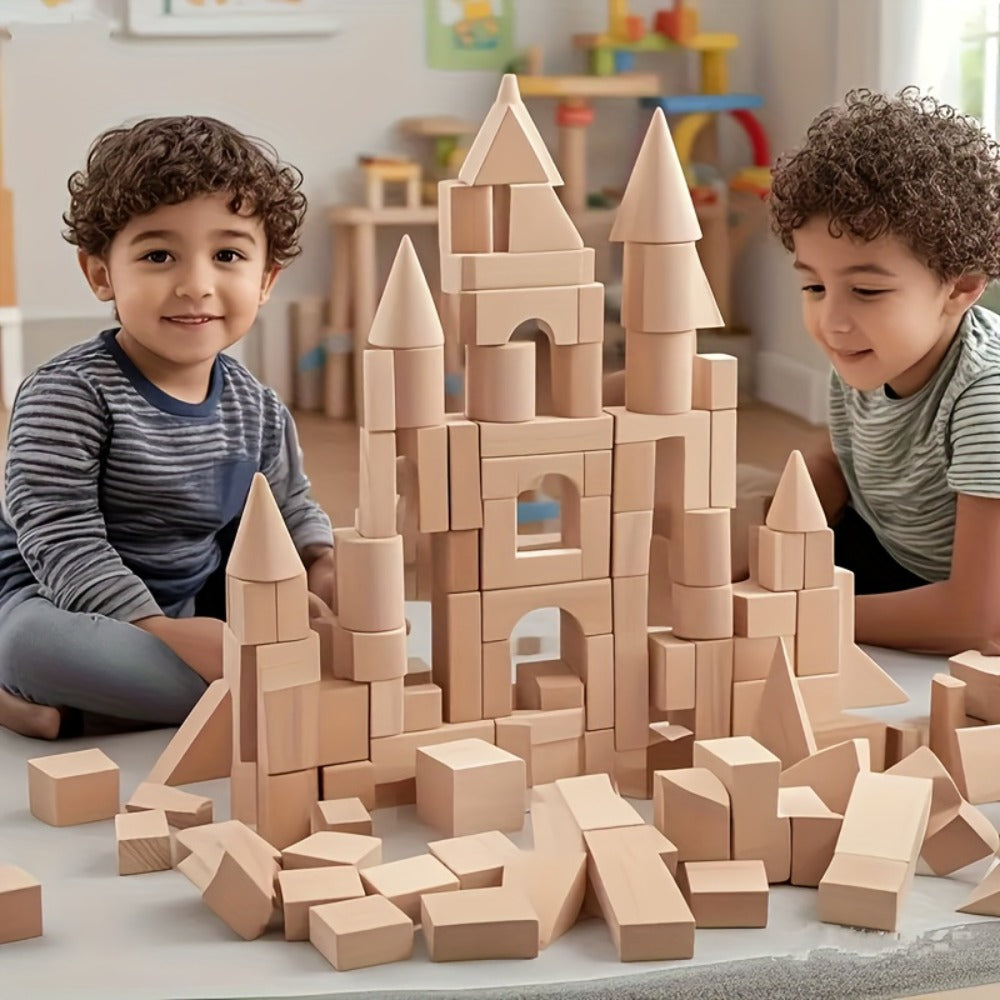 Natural Beech Wood Blocks 100 Piece Unpainted Solid Wooden Building Set, STEM Logical Thinking Toy for Kids Ages 3-12