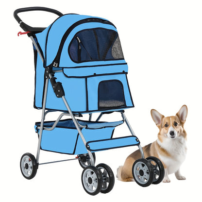 4-Wheel Pet Stroller with Cup Holder & Storage Basket | Portable Breathable Cat Dog Stroller, Smooth-Rolling Outdoor Pram