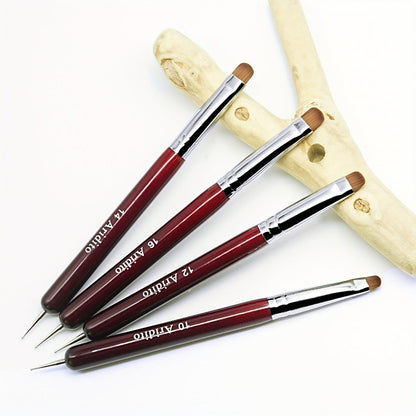 Acrylic Nail Art Brushes Set 4pcs with Dotting Pens – Red Wood Handle Precision Tips #10 #12 #14 #16 for French Manicure Nail Sculpting