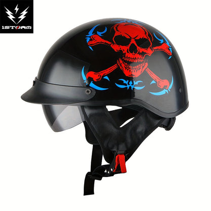 Motorcycle Helmet 1STORM Half-Shell with Retractable Smoked Visor, Five Graphic Styles, S-XL Sizes and Quick-Release Strap